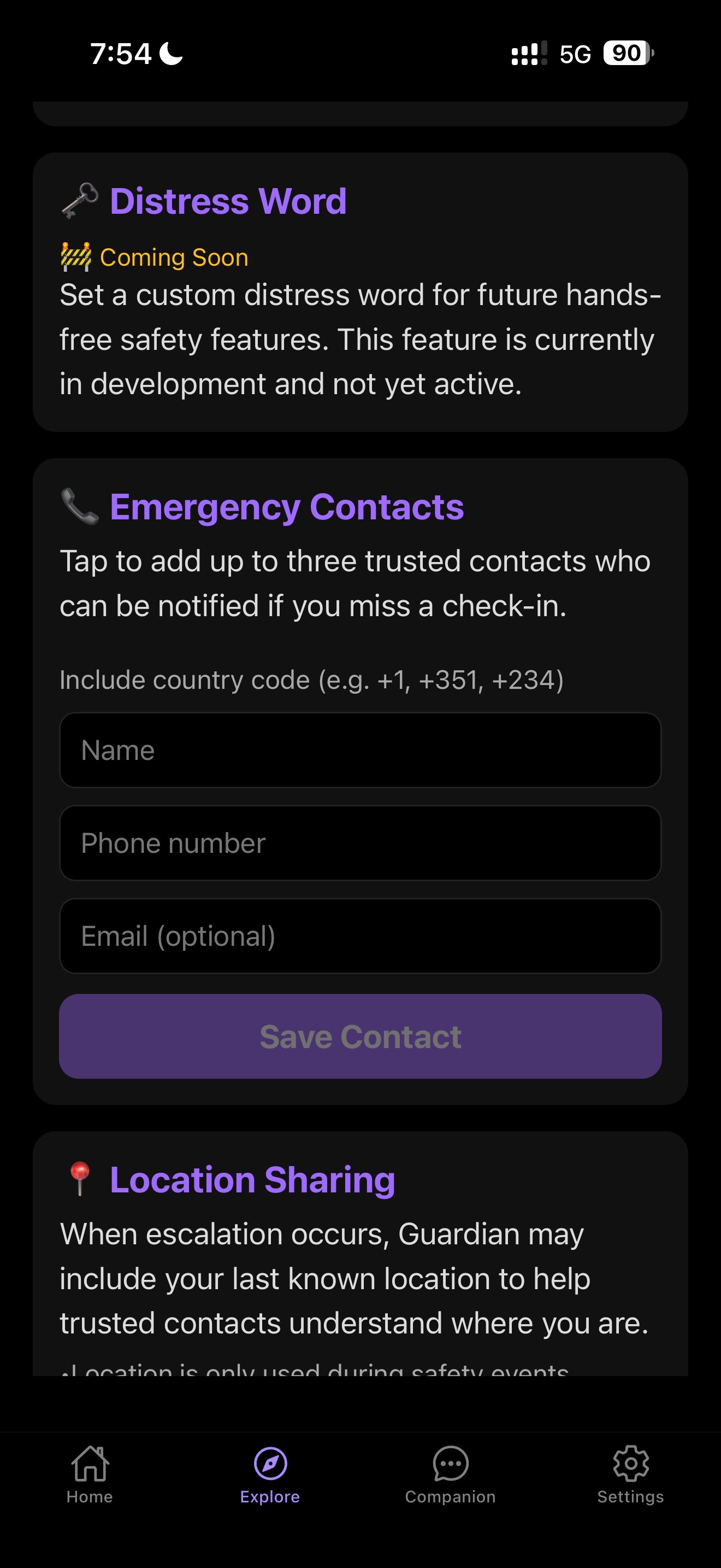 Emergency contact entry screen showing name and phone number fields