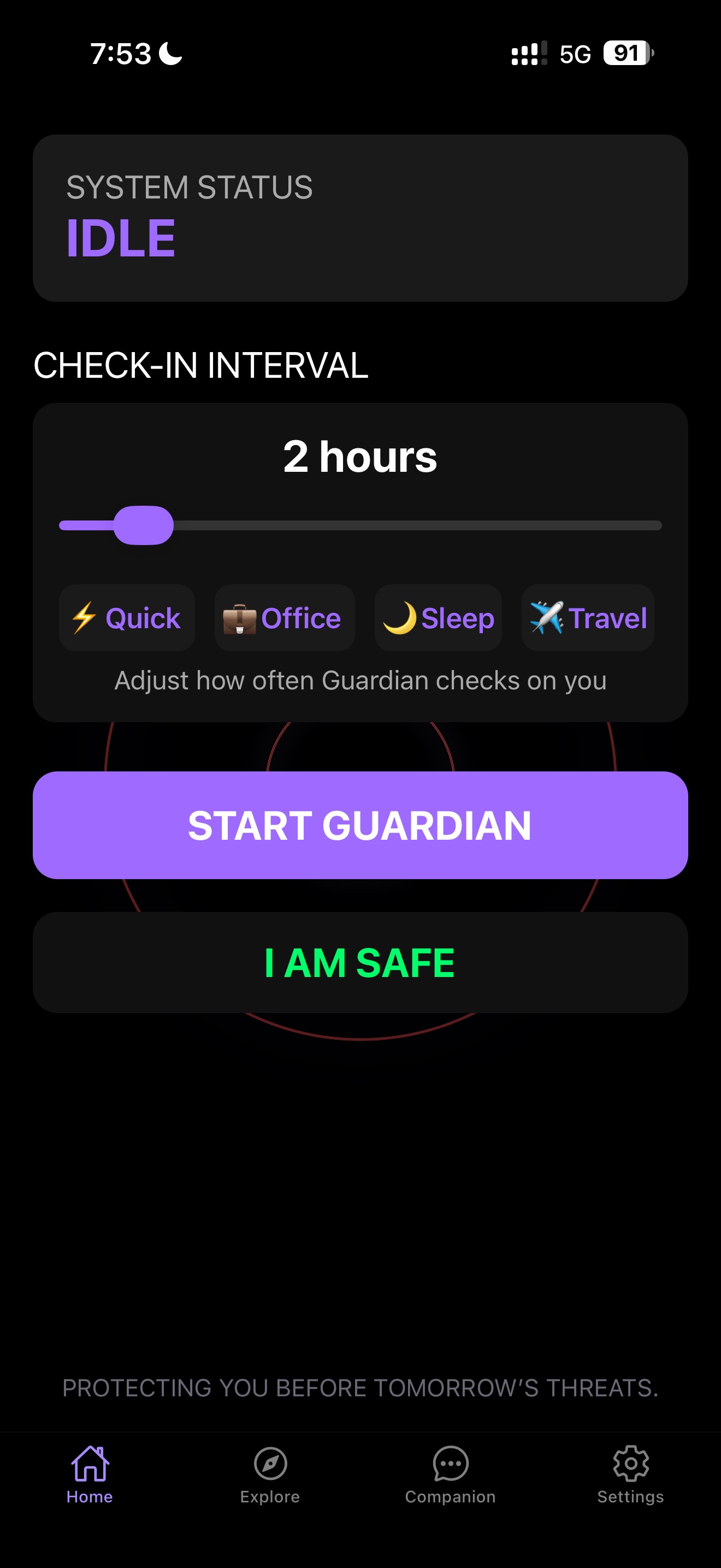 Guardian start screen showing user enabling safety monitoring